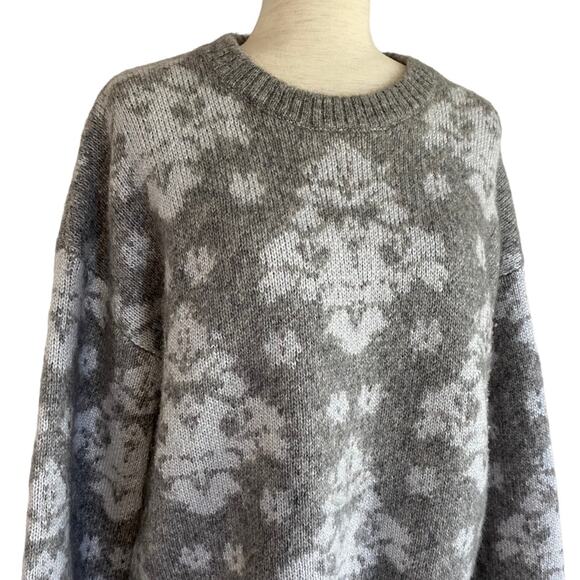 LEWIT Gray Jacquard Print Mohair Wool Blend Pullover Sweater Size Large Balloon - Picture 4 of 9